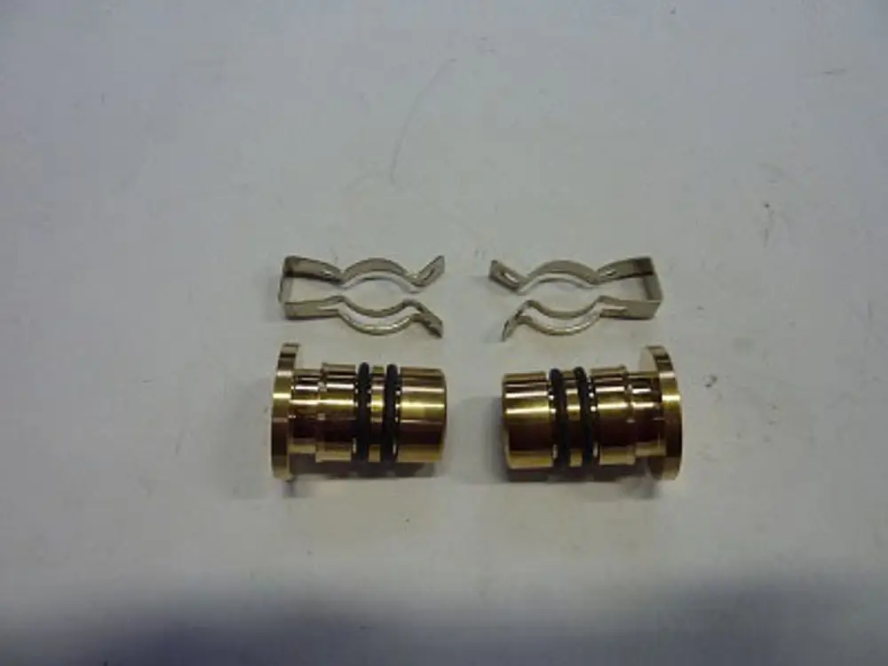 Zwei metallene Stopfen mit schwarzen Dichtungen und zwei dazugehörige Clips. Produkt von Remeha, geeignet für den Einsatz in Kollektoren.